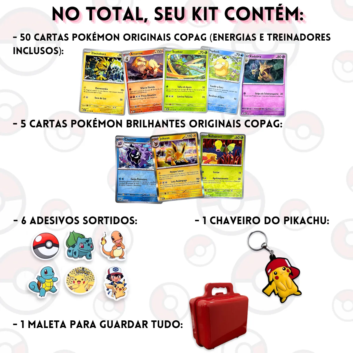 50 Cartas Pokémon 5 Brilhantes Originais Chaveiro Adesivos - Imagem 8